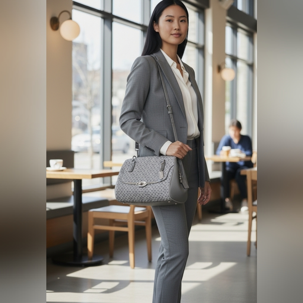 COACH Madison Madeline East/West Op Art Fabric Gray Signature Satchel/Crossbody - Picture 2 of 13